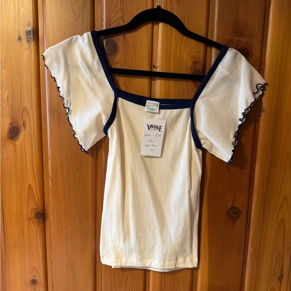 Vintage Cream and Navy Women's Blouse - Picture 1 of 2